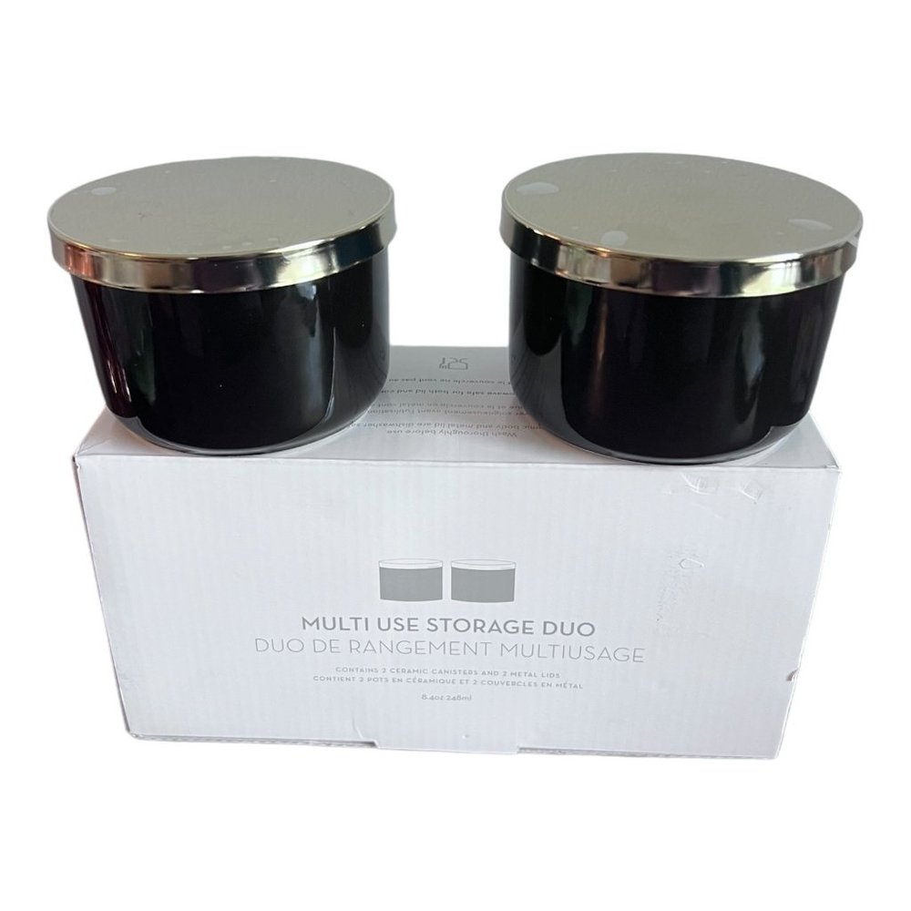 Z Gallerie Storage Duo Set Of 2 Ceramic Canisters Metal Lids 2.5x4 in 8.4oz NEW - Picture 1 of 9